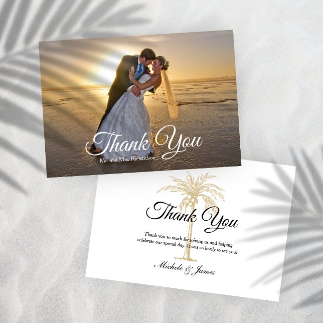 Elegant tropisk guld palmer bröllopsfoto tack kort (Elegant Tropical Gold Palm Tree Wedding Photo Thank You Card)
