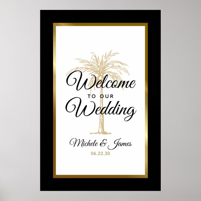 Elegant tropisk guldpalmbröllop välkommen poster (Framsidan)