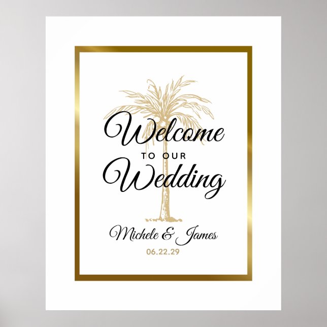 Elegant tropisk guldpalmbröllop välkommen poster (Framsidan)