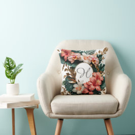 Elegant Tropisk Hibiskus Guld Monogram Dynor Kudde