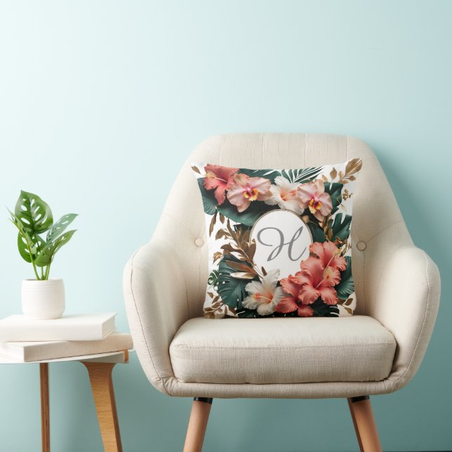 Elegant Tropisk Hibiskus Guld Monogram Dynor Kudde (Stol)