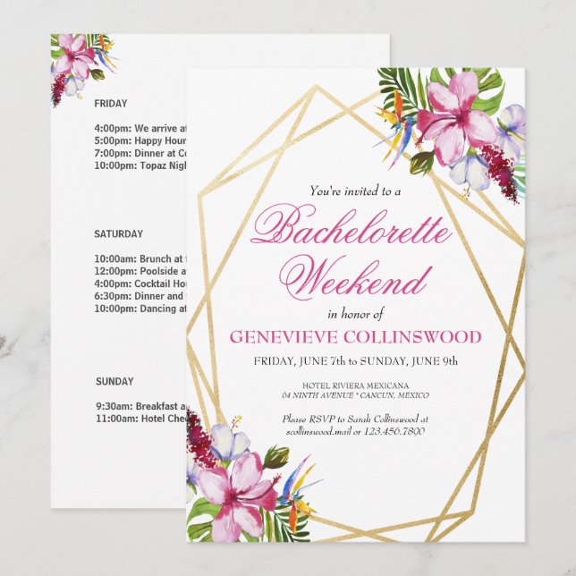 Elegant tropisk möhippa veckoslut itinerary inbjudningar (Fram/baksida)