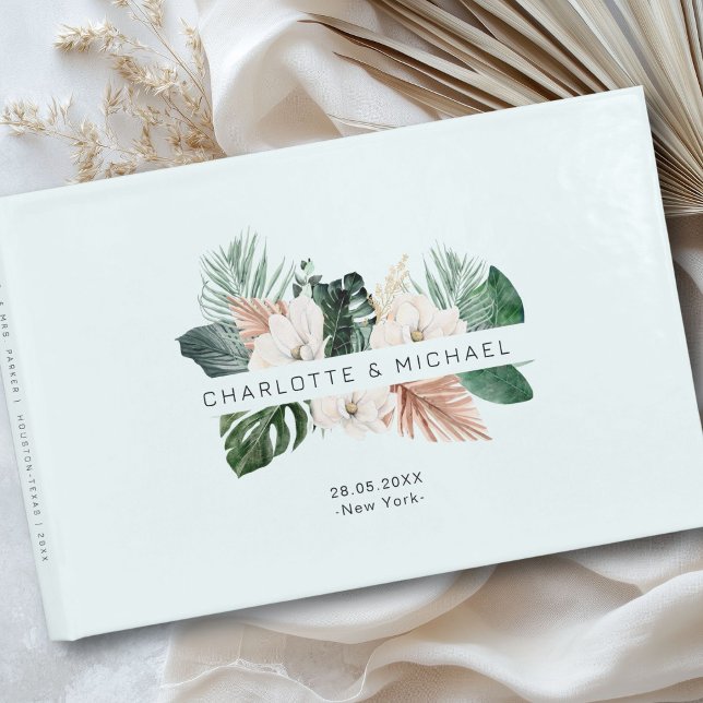 Elegant, tropisk, rödbar bröllop gästböcker (Personalized, elegant, tropical, leafy wedding guest book with your names and date.)