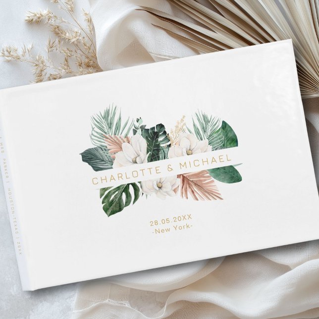 Elegant, tropisk, rödbar bröllop gästböcker (Personalized, elegant, tropical, leafy wedding guest book with your names and date.)