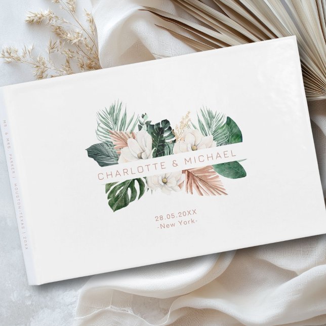 Elegant, tropisk, rödbar bröllop gästböcker (Personalized, elegant, tropical, leafy wedding guest book with your names and date.)
