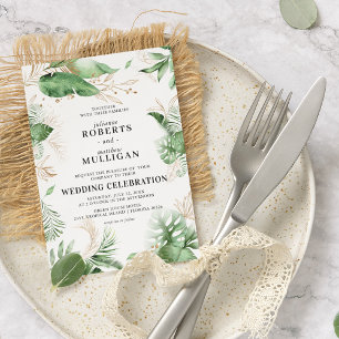 Elegant Tropisk Sommar Grönska & Guld Bröllop I Inbjudningar