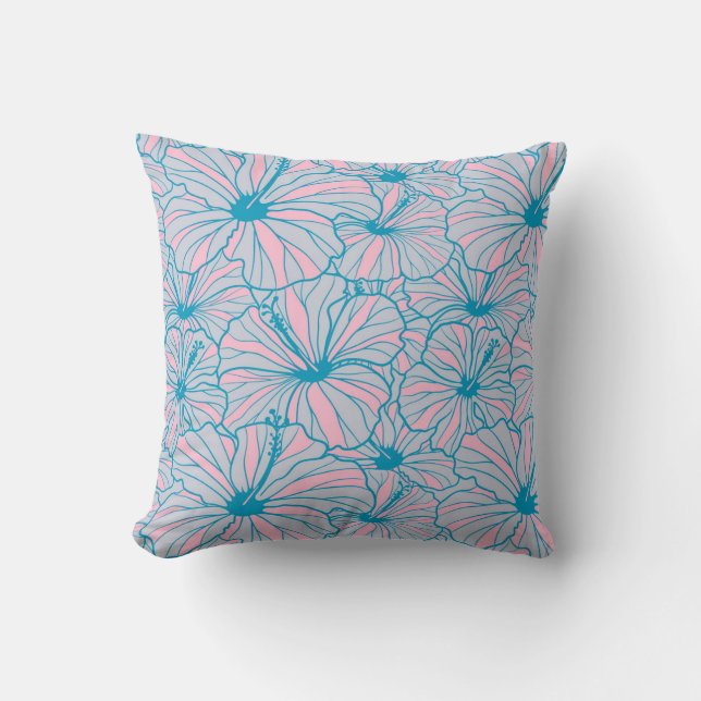Elegant Tropiska blå Blommigten Hibiscus Mönster| Kudde (Framsida)