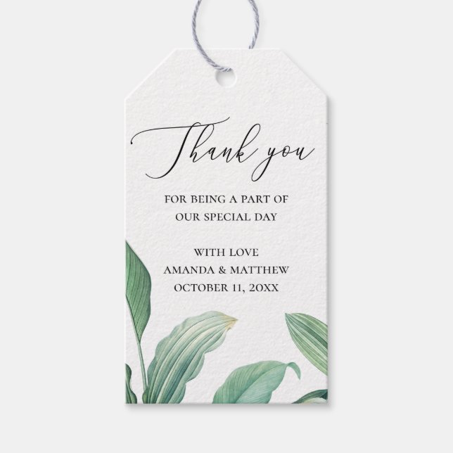 Elegant tropiska grey löv bröllop tackar er presentetikett (Framsidan)
