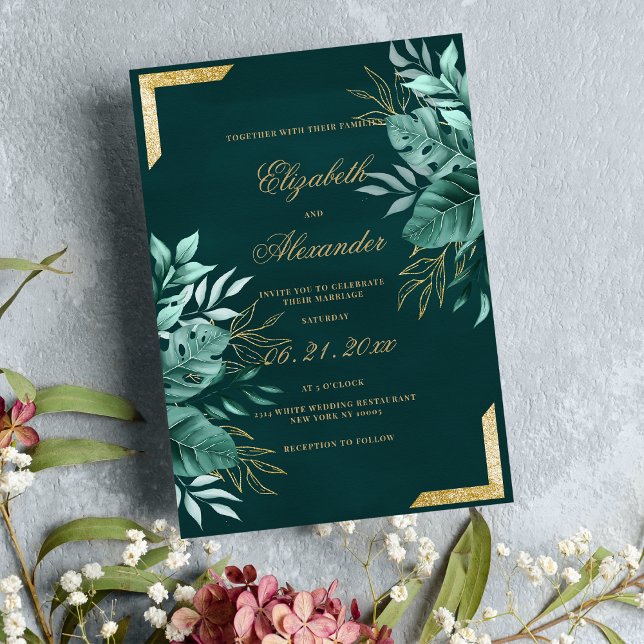 Elegant tropiska grönt guld glitter blommigt bröll inbjudningar (Elegant tropical green gold glitter floral wedding)
