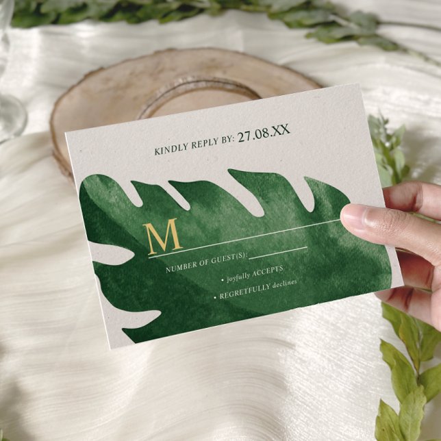 Elegant Tropiska Grönten Monstera Löv Bröllop OSA Kort (Skapare uppladdad)