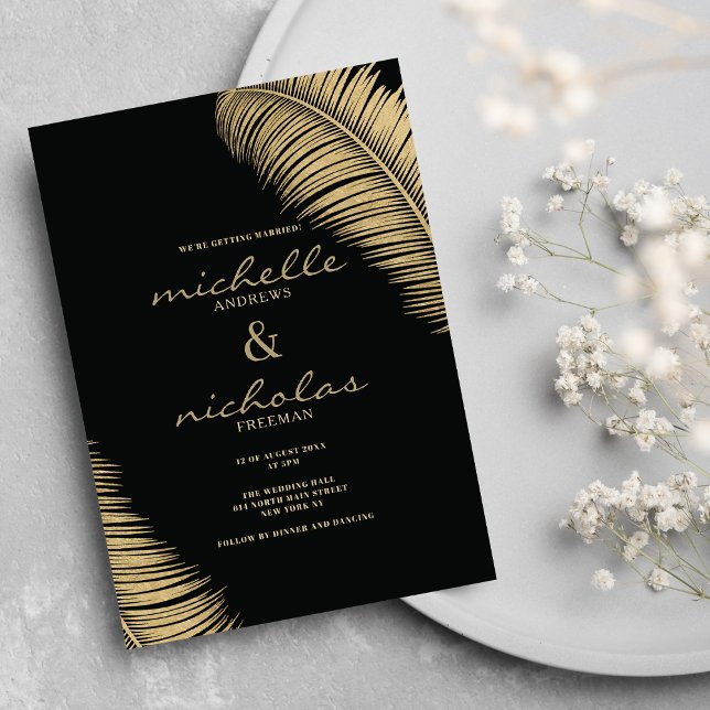 Elegant tropiska svarta och guld löv bröllop inbjudningar (Elegant tropical black and gold leaves wedding)