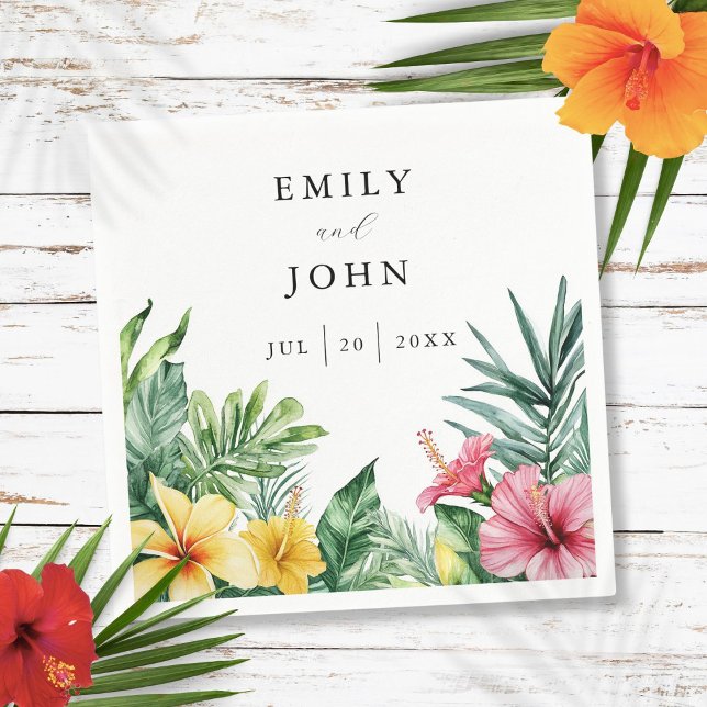 Elegant Tropiska vattenfärgsblommor Bröllop Pappersservett (Elegant Watercolor Tropical Flowers Wedding Napkins)