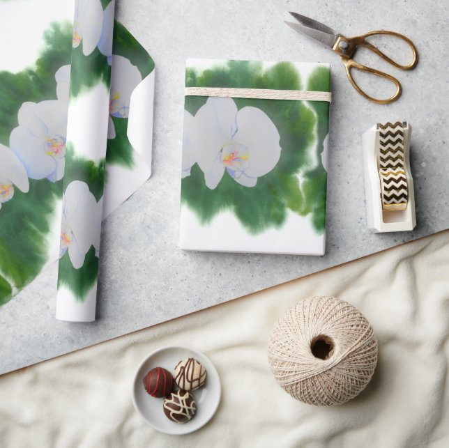 Elegant tropiska vita vattenfärgade orkidémålning presentpapper (Hantverk)