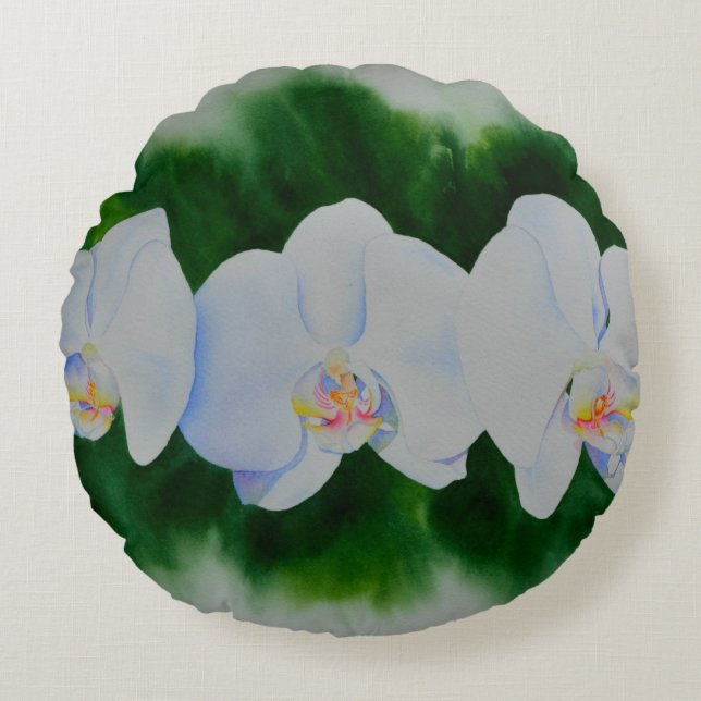 Elegant tropiska vita vattenfärgade orkidémålning rund kudde (Framsidan)