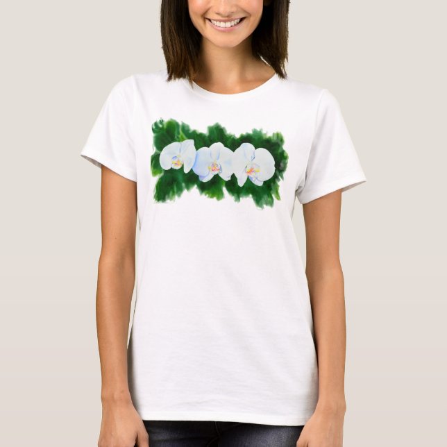 Elegant tropiska vita vattenfärgade orkidémålning t shirt (Framsida)