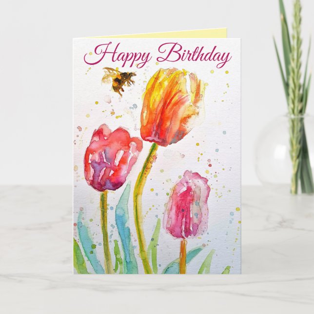 Elegant Tulip and Bee Watercolour Birthday Card Kort (Framsida)