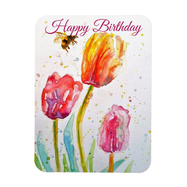Elegant Tulip and Bee Watercolour Birthday Card Magnet (Vertikal)