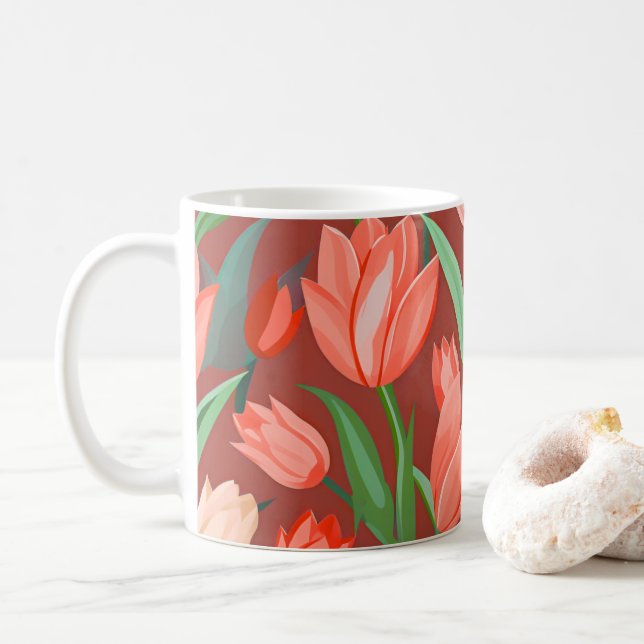 Elegant Tulip Floral Pattern – Red & Peach Spring  Kaffemugg (Med munk)