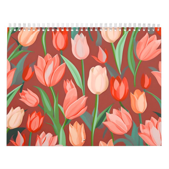 Elegant Tulip Floral Pattern – Red & Peach Spring  Kalender (Omslag)