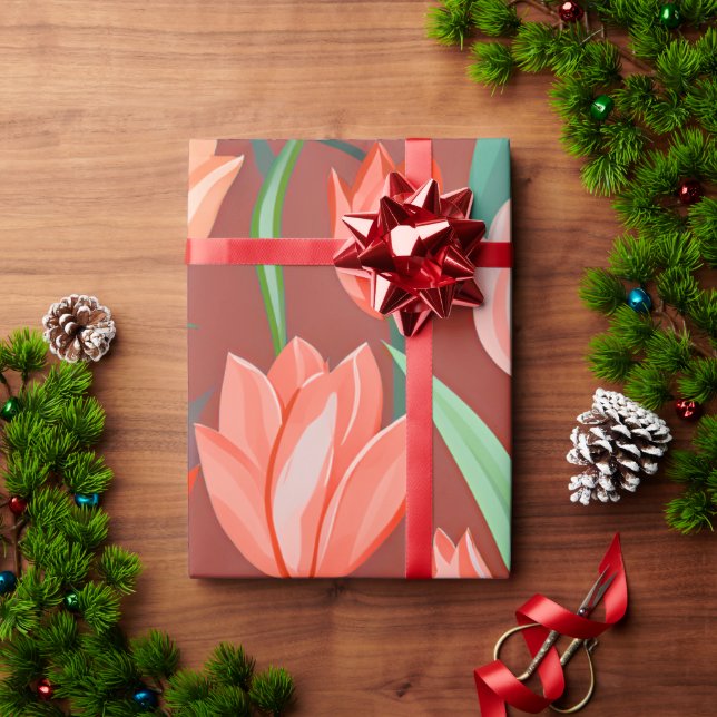 Elegant Tulip Floral Pattern – Red & Peach Spring  Presentpapper (Julgåva)