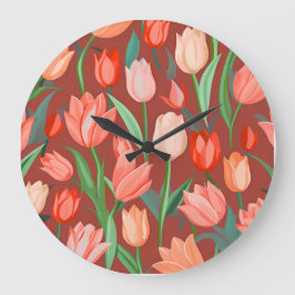 Elegant Tulip Floral Pattern – Red & Peach Spring  Stor Klocka