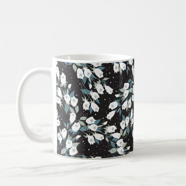 Elegant Tulip Flower Mönster Black Background Kaffemugg (Vänster)