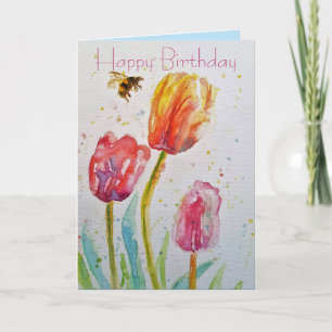 Elegant Tulip och Bee Watercolor Birthday Card Kort