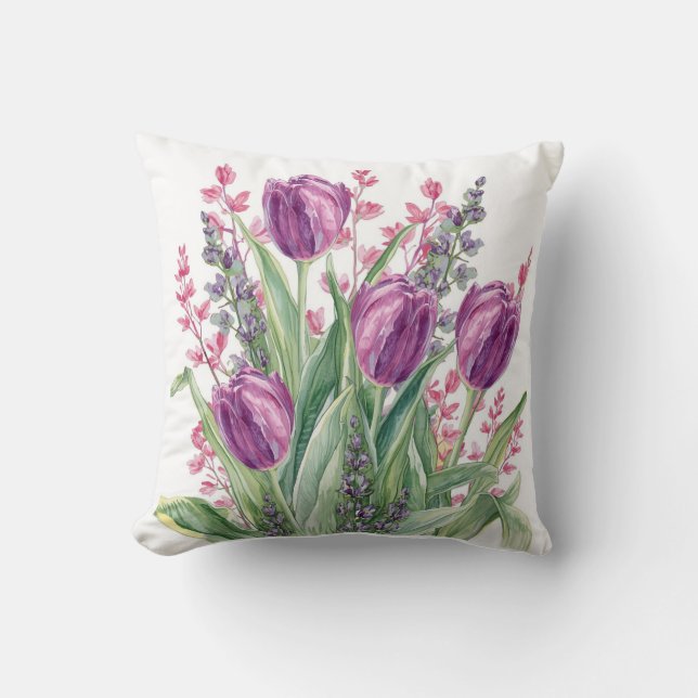 Elegant tulipblommönster, lila ränder kudde (Framsida)