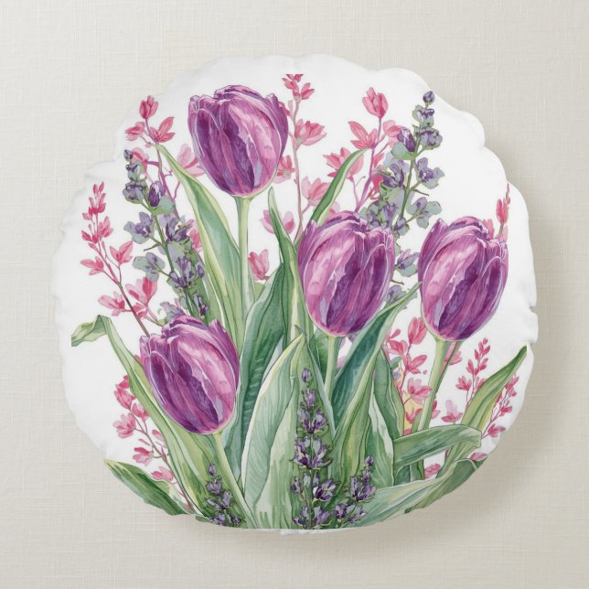 Elegant tulipblommönster, lila ränder rund kudde (Framsidan)