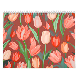Elegant tulipblommönster – röd och persikofärgad v kalender