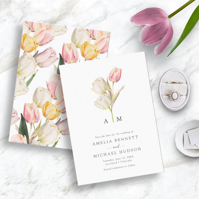 Elegant Tulpan Förhandsinbjudan Spara Datumet (Watercolor Tulip Monogrammed Save The Date by Painted Paperie)