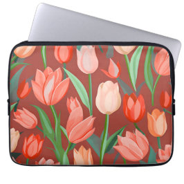 Elegant tulpanblommönster – röd och persikofärgad  laptop fodral