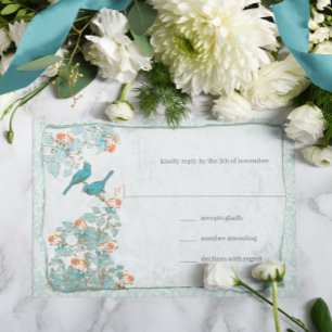 Elegant Turcoise Coral Birds Damask Wedding OSA Kort