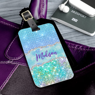 Elegant Turcoise unicorn faux glitter monogram Bagagebricka
