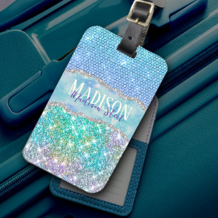 Elegant Turcoise unicorn faux glitter monogram Bagagebricka