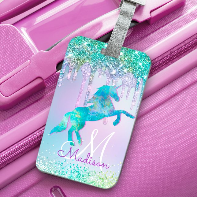 Elegant Turcoise Unicorn Glitter Drives monogram Bagagebricka (Skapare uppladdad)