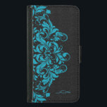Elegant Turcos & Black Girly Blommigt Snöre Samsung Galaxy S5 Plånboksfodral<br><div class="desc">Elegant vintage blommigt snöre i turkos över svart dämpad bakgrund. Anpassningsbar och valfritt monogram. Om du behöver hjälp med att anpassa,  byta färg eller något annat till någon av mina utformningar kontaktar du ArtOnWear-designern. Kostnadsfri textformatering med hjälp av direkthjälp tillgänglig på begäran.</div>