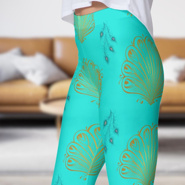 Elegant Turcos Blue Peacock Fläkt Mönster Leggings (Peacock Fan on Bright Turquoise Leggings)