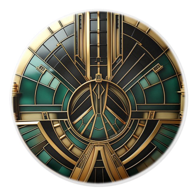 Elegant Turcos Guld Grönt & Black Art Deco Knopp (Framsidan)