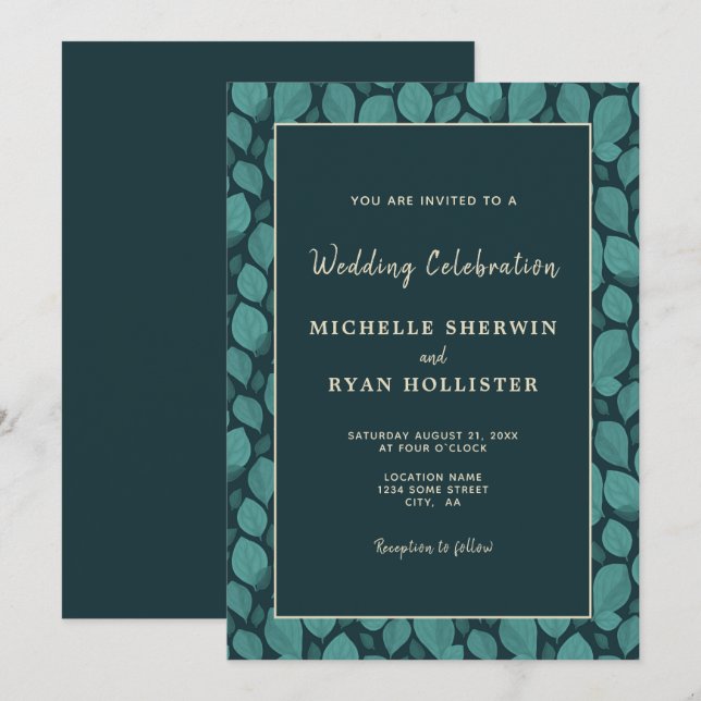 Elegant Turcos Löv Mönster Botaniska Bröllop I Inbjudningar (Fram/baksida)