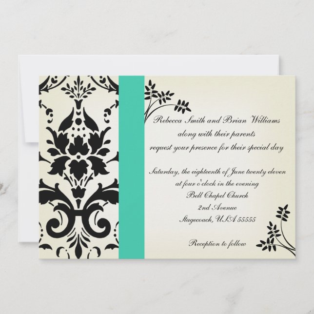 Elegant Turcos och Black Damask Wedding Inbjudan (Framsida)