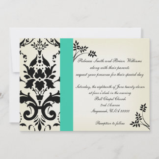 Elegant Turcos och Black Damask Wedding Inbjudan