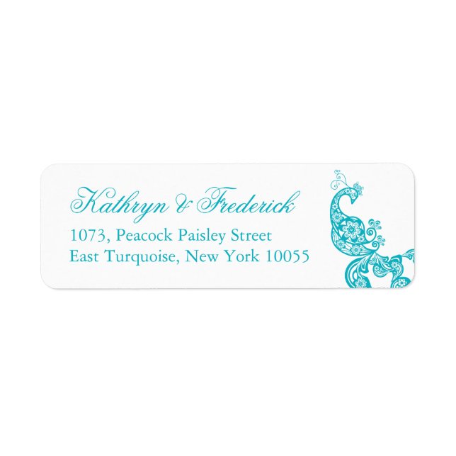 Elegant Turcos Paisley Peacock Bröllop Adress Returadress Etikett (Framsidan)