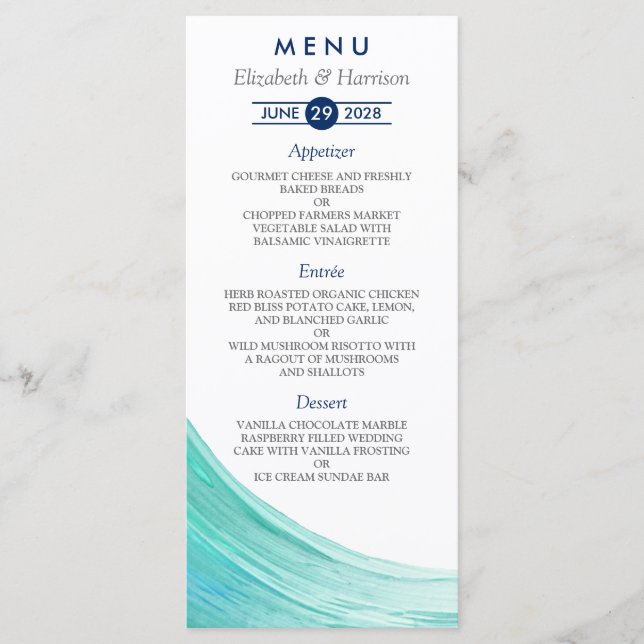 Elegant Turcos Tides Beach Wedding Menu Cards Meny (Framsida)