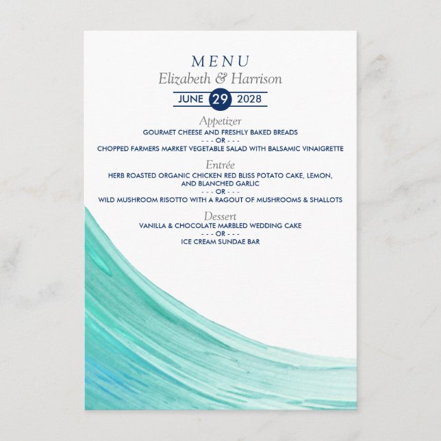 Elegant Turcos Tides Beach Wedding Menu Meny (Framsida)