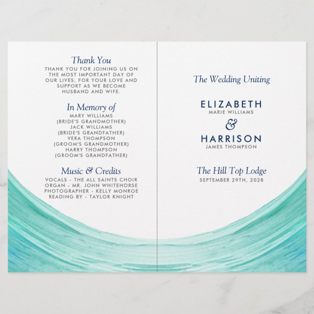 Elegant Turcouise Tides Beach Wedding Program (Framsida)