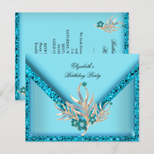 Elegant turkos akvamarinfärgad glitter födelsedags inbjudningar (Fram/baksida)