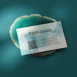 Elegant turkos alkoholbläckmarmor med QR-kod Visitkort