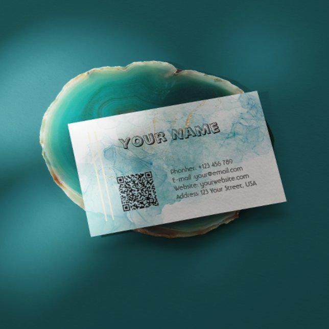 Elegant turkos alkoholbläckmarmor med QR-kod Visitkort (Skapare uppladdad)