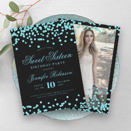 Elegant Turkos Black Confetti Photo Sweet 16 Inbjudningar